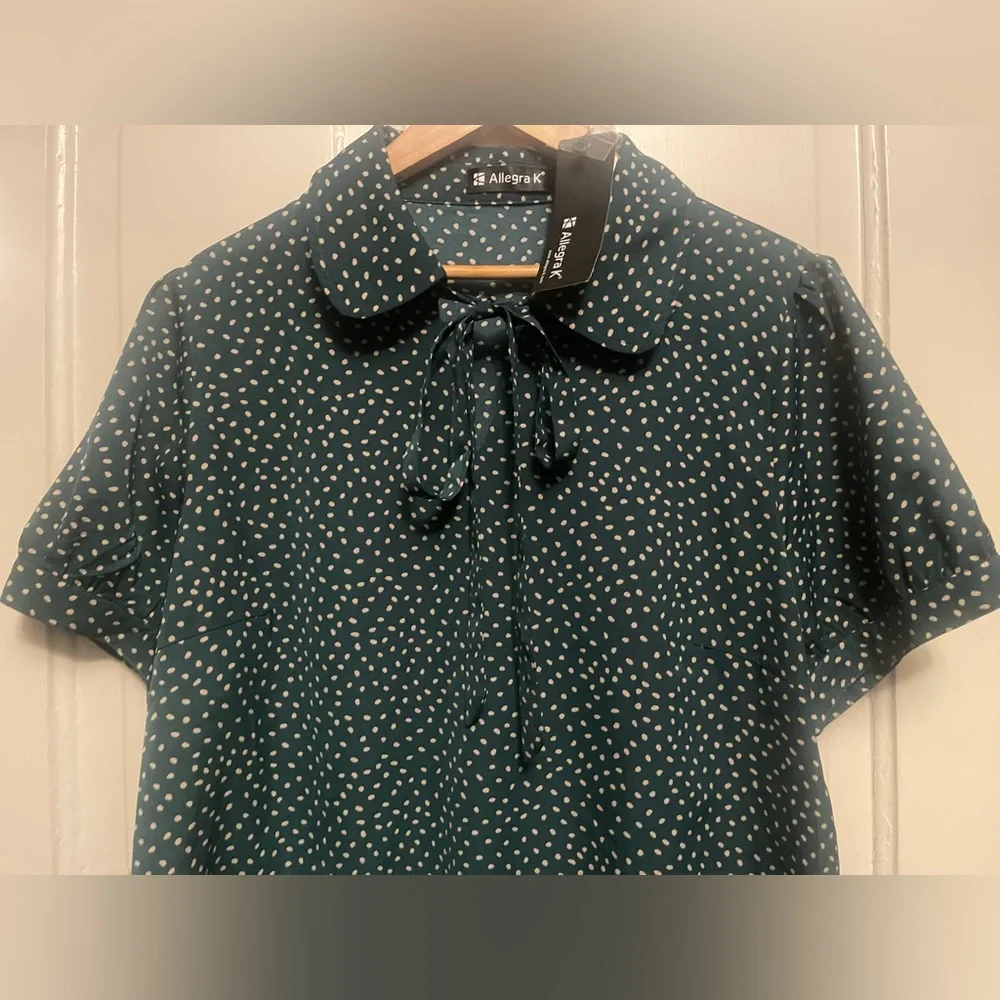 NWT Allegra K Teal and White Polka Dot Blouse - Picture 7 of 14
